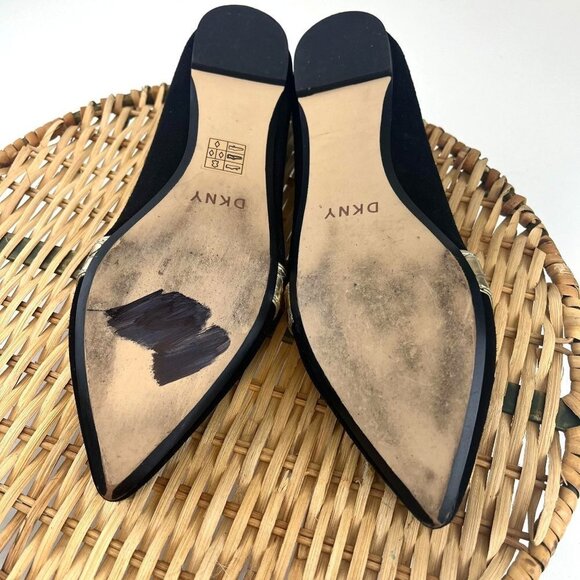 DKNY Dara Flats Leather Flip On Flats Pointed Toe Gold Crocodile Skin with Black - Picture 6 of 8